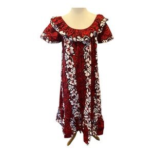 Ky’s Made In Hawaii Red & White Hibiscus Panel Midi Muumuu Dress Sz Large